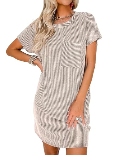 Acelitt Womens Casual Summer Crewneck Short Sleeve Ribbed Mini Tshirt Dress, XS-3XL