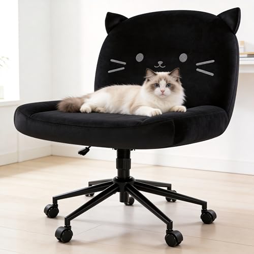 Image of IWMH Ergonomic Criss Cross Legged Office Chair with Wheels, Desk Chair with Fabric Padded, Height Adjustable Wide Seat Vanity Chairs,Mid Back Task Chair for Home, Bedroom (Black)