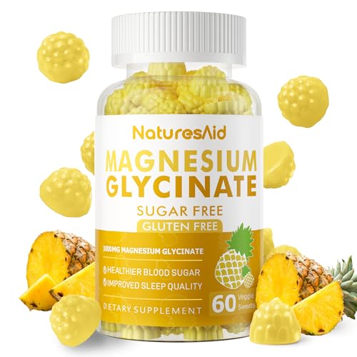 Magnesium Glycinate Gummies 1000mg - Sugar Free Magnesium Potassium Supplement with Vitamin D, B6, CoQ10 for Calm Mood & Sleep Support - 60 Pineapple Gummies -1 Pack