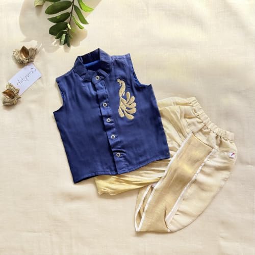 Image of Picksparrow Baby Boy Cotton Silk-Tissue Kasavu Cotton Shirt with Dhoti pant (Peacock-Sleeveless)