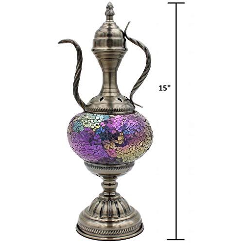 Silverfever Mosaic Turkish Teapot Lamp Moroccan Glass For Table Desk Bedside Bronze Base Bundle With E12 Light Bulb (Golden Purple) #TOP2