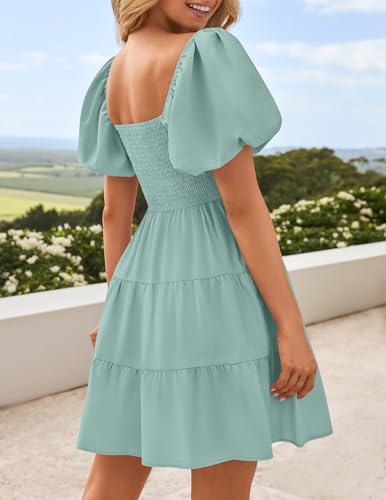 Image of ZESICA Women's Boho 2026 Summer Square Neck Puff Sleeve Off Shoulder Smocked Tiered Casual A Line Short Mini Dress