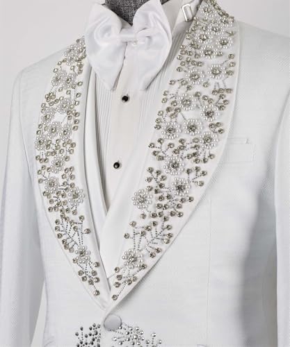 Men's White Luxury Handmade Rhinestone Blazer Slim Fit Shawl Lapel Dinner Tuxedo for Prom Party Wedding4