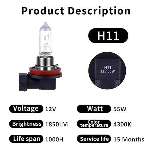 Image of H11 Headlight Bulb 200% brightness 4300K White 12V /55W Bulb Halogen Long Life Replacement PGJ19-2 (H11, 2 Pack)