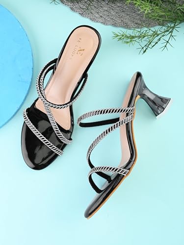 Image of XE Looks Heels for Women | Glossy Finish | Criss-Cross Silver Embellished Straps | Comfortable Block Heel Sandals for Girls