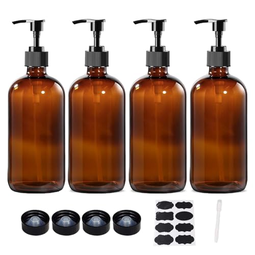 4 Pack 16 oz Amber Glass Bottles with Pumps for Shampoo, Essentia...