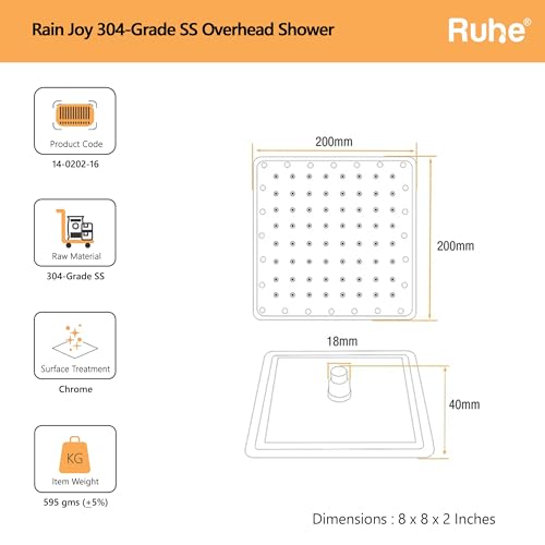 Image of Ruhe Rain Joy 304-Grade Stainless Steel Overhead Shower with Chrome Finish | 8x8 Inches Rain Shower for Bathrooms | Powerful Square Showerhead with Easy-to-Clean Silicone Nozzles | WITHOUT SHOWER ARM
