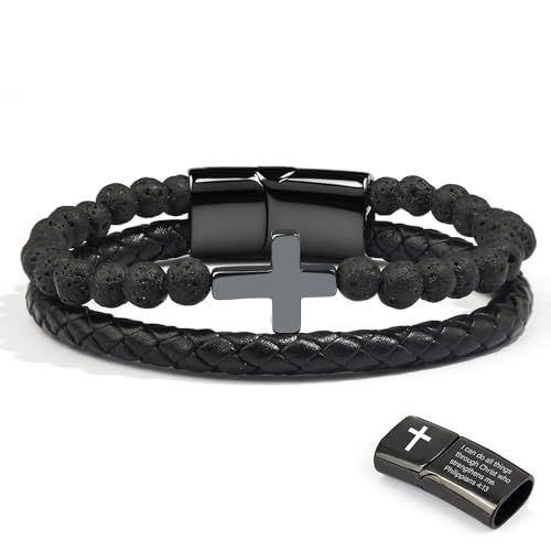 Cross Bracelet for Men,Black Stainless Steel Cross Jewelry With Black Onyx Beads Bracelets, Easter, Communion, Baptism, Christmas Gifts