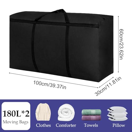 Kongming 2 Stück 180L Aufbewahrungstasche xxl Wasserdichte 600D Oxford Schwarz Extra Groß Umzugstaschen mit Reißverschluss Handgriff für Bettdecken Kissen Kleidung Bettwäsche Aufbewahrung Umzug