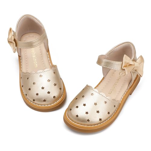 Hehainom Toddler Girls Sandals Flower Girl Gold Pu Closed Toe School Wedding Communion Church Size 7 Summer Shoes