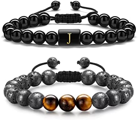 STORUP Valentines Day Bracelets Gifts for Men, Tiger Eye Lava Rock Mens Bracelet Valentines Day Gifts for Him Adjustable Initial Bead Bracelets Jewelry for Men (J)