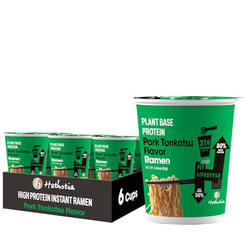 Image of Hethstia Protein Ramen, Plant-Based Protein(31g), 6 Packs Quick Meal Pork Tonkotsu Broth, Vegan, Non-Fried, Low Fat Aisa Ramen Soup, Healthy Food, Holiday Gifts
