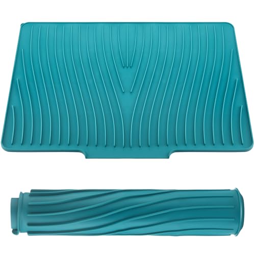 Teenyyou Extra Large Silicone Dish Drying Mat For Kitchen Counter Drying Pad 23.6 x 19 Inch Rubber Dish Drainer Mat with Drain Lip for Sink Drawer Liner (Blue)