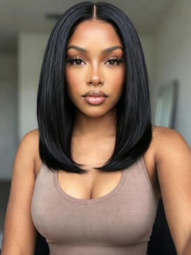 Image of KLAIYI Yaki Straight Bob Wig Human Hair Glueless Precut 7x5 Lace Wig 10Inch | Bye Bye Slip Drawstring 180% Density Pre Plucked Bleached Knots Pre Eeverything Lace Front Wigs 30S Ready to Wear and Go Wig