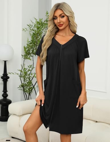 Image of Ekouaer Women Robe Zipper Front Mumu Duster Robes Zip Up Housecoat Soft Sleepwear with Pockets