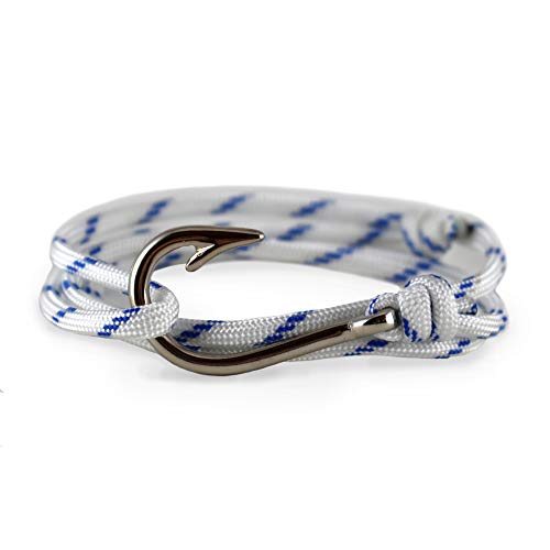 Riptide Vibes Adjustable Fish Hook Bracelet - Made In Usa With 550 Military Paracord - White And Blue - Silver Hook - Full Mast #TOP14