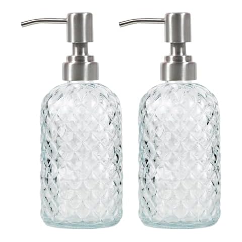 Bathroom & Kitchen Glass Hand and Dish Soap Dispenser with 304 Rustproof Stainless Steel Pump (Clear-2pack) Cover