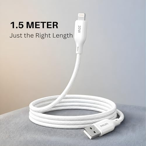 Image of PHILIPS DLC4150VW /94 20W iPhone Original Type-A to Lightning Fast Charging Cable (1.5m, Bright White) | MFi Certified | 480Mbps | Nylon Braided | Compatible with iPhone & Other Lightning Devices