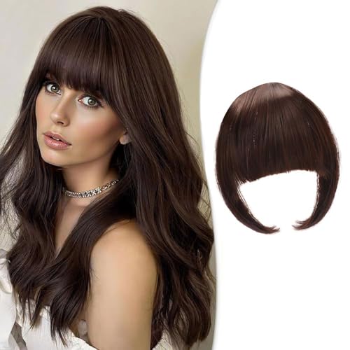 XFSRG Postizo Pelo Natural Clip Una Pieza Clip in Fringe Bangs Flequillo Francés Hair de Cabello Extensiones de Cabello Prótesis Capilar para Mujer(Marrón oscuro)