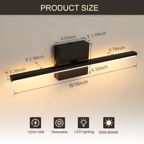 Image of Modern Bathroom Vanity Light 16 Inch, 14W Black Bathroom Light Fixture Over Mirror, Dimmable 5CCT LED Wall Sconce Lighting for Restroom Mirro