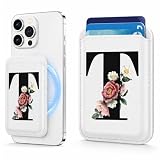 Floral Monogram Letter T Magnetic Phone Card Holder, Slim PU Phone Wallet for Credit Cards, Back Card Pouch