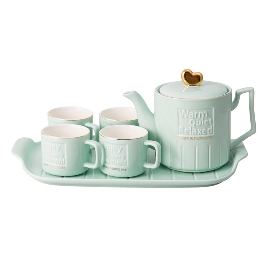 DANNMPX Tea Set 6 Pieces Nordic Style Tea Set Ceramic Drinking Ware Afternoon Cup Kettle With Tray Teacup Teapot And Cups(Grün)