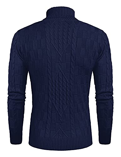 COOFANDY Men's Slim Fit Turtleneck Sweater Casual Cable Knit Pullover Sweaters Navy Blue3