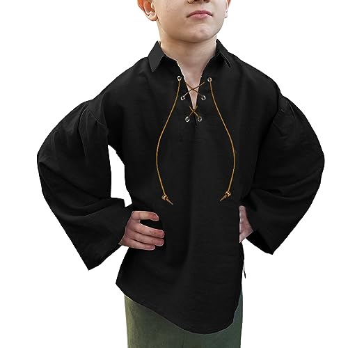 Generisch Disfraz de caballero para niño, renacentista, pirata, camiseta, renacentista, disfraz de Halloween, camiseta, disfraz escocés, de vikingo, manga larga, vikingo, camisa medieval con cordones