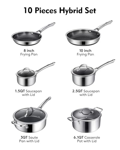 Image of SNOWCLAD Pots and Pans Set Non Stick, 10 Pcs Hybrid Stainless Steel Cookware Sets, Non Stick Frying Pans, Saucepans, Saute Pan & Stock Pot, PFOA Free Kitchen Skillet,Induction Compatible