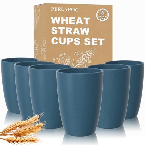Image of Plastic Drinking Cups Set of 6, 16 OZ Wheat Straw Cups, Dark Blue | Reusable and Lightweight Plastic Tumblers for Daily Use & Outdoor