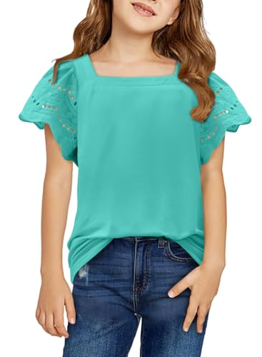 Yoklass Girls Casual Shirts Square Neck Ruffle Sleeve Tops Solid Loose Blouses 5-14 Years