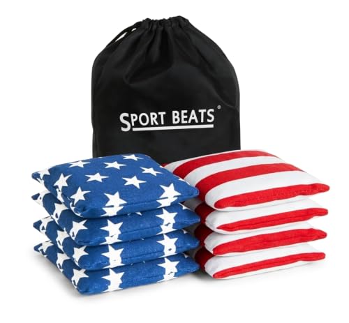 SPORT BEATS Cornhole Bags Set of 8 - Regulation Size & Weight Bean Bags Heavy Duty Double-Stitched Canvas for Tailgating Outdoor Backyard Game Accessories with Carry Tote Stars & Stripes