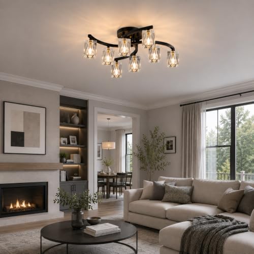 OKES 8-Light Semi Flush Mount Ceiling Light,Black and Gold Crystal Ceiling Light Fixture with K9 Crystal Shades, Modern Chandelier for Bedroom,Dining Room Living Room by OKES - Used condition - Image 6