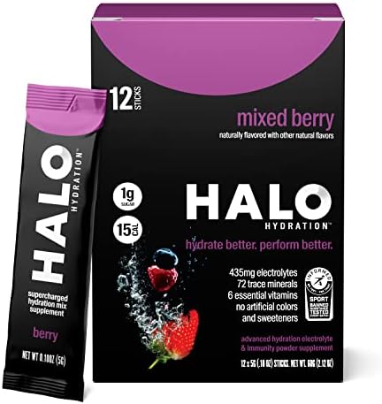 Halo Hydration Berry - Electrolyte Drink Powder Sachets - Dietary Supplement, Rich in Vitamin C & Zinc, Complete Hydration - Keto, Vegan & Low Calorie - 6 x Sachets