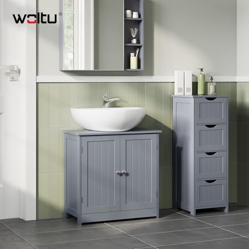 WOLTU Waschbeckenunterschrank, Unterschrank, Badezimmerschrank mit 2 Türen, Badschrank Badregal Waschtisch Holz Grau Bad waschbecken 60x60x30cm