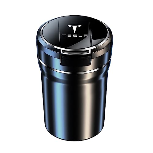 WatSKY Auto LED Posacenere,per Tesla Model 3 Model X Model S Model Y,Acciaio Inossidabile con Coperchio Portatile Sigaretta Portacenere Rimovibile Facile Pulire,D