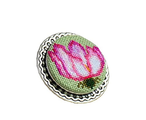 Handmade Embroidered Brooch with Pink Flower