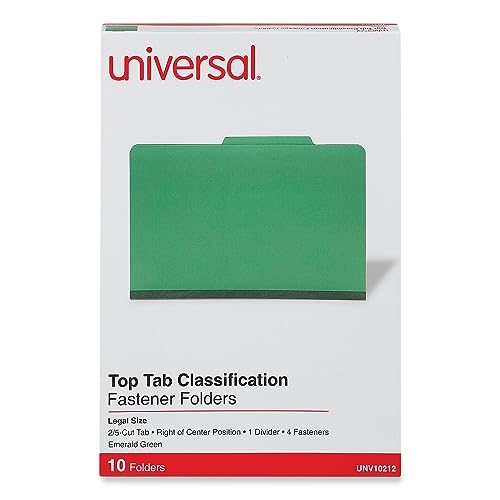 Universal UNV10212 Bright Colored Pressboard Classification Folders - Legal, Emerald Green (10/Box)
