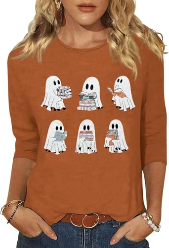 Woffccrd Womens Casual Halloween 3/4 Sleeve Crew Neck Tee Shirts Leopard Pumpkin Shirts Thanksgiving Fall Tops (XXL,Halloween Brown 4)