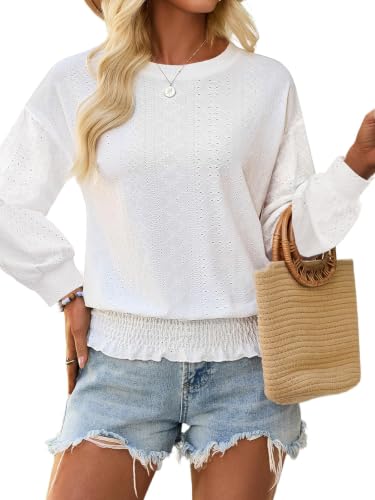Image of Women's Summer Short Sleeve Eyelet Tops Daily Casual Crewneck T Shirts Elastic Waist Smocked Blouses
