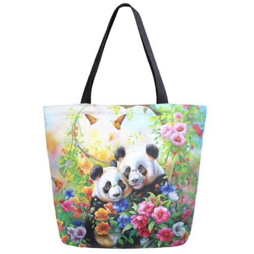 Extra Large Canvas Shoulder Tote Bag, Beautiful Flowers Sweet Panda Painting Durable Daily Womens Handle Bag for Gym Yoga Weekender Picnic Beach Travel Kitchen Reusable Market Grocery Shopping