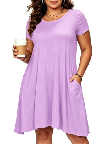 Image of Afibi Womens Short Sleeve Loose Pockets Dress Casual Swing T-Shirt Dresses