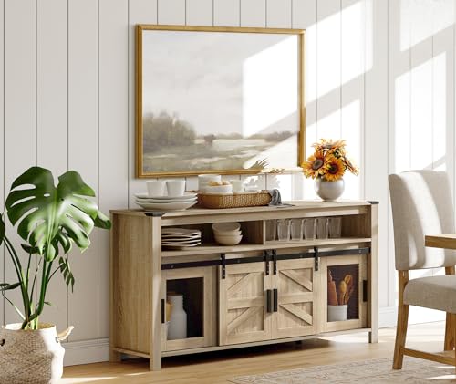 WAMPAT-Farmhouse-Buffet-Cabinet-Rustic-Sideboard-with-Sliding-Barn-Doors-59-Coffee-Bar-Storage-Cabinet-with-Mesh-Doors-Light-Oak-Cupboard-Table-for-Kitchen-Dining-Room-Living-Room WAMPAT Farmhouse Buffet Cabinet Rustic Sideboard with Sliding Barn Doors 59 Coffee Bar Storage Cabinet with Mesh Doors Light Oak Cupboard Table for Kitchen Dining Room Living Room