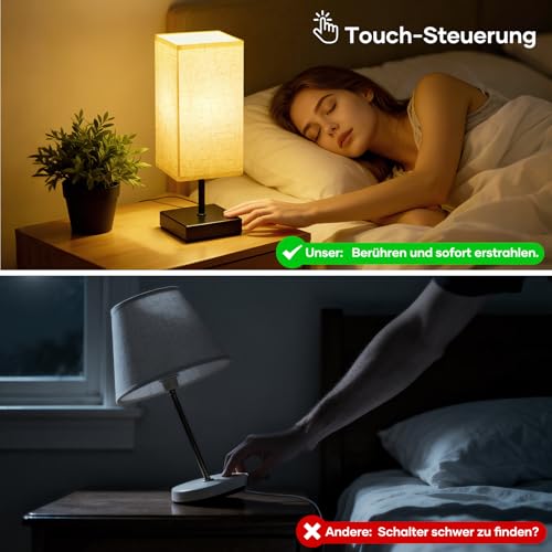 Suright Nachttischlampe Touch Dimmbar - Stufenlos Dimmbare Ttischlampe mit Memory-Funktion,Kabel,Leinen-Lampenschirm, Kleine Lampe für Nachttisch Schlafzimmer Wohnzimmer(LED-Birne Inklusive)