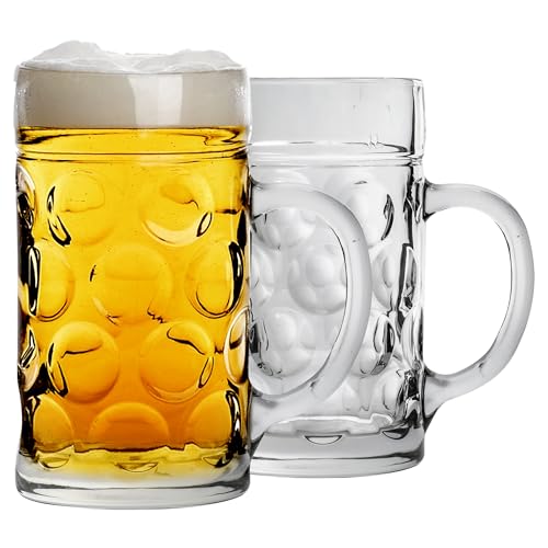 Rink Drink German Beer Stein Glass - 1.3L - Pack of 2 - Large Dimpled Beer Mug Tankard with Handle for Lager Ale & Cider - Authentic Oktoberfest Style Pint - Freezer & Dishwasher Safe
