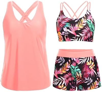 Women's Red Leaves 3 Piece Tankini Swimsuit Set with Tummy Control and Boy Shorts