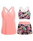 Holipick Red Leaves 3 Piece Tankini Swimsuits for Women Tummy Control Bathing Suits Swim Tank Top with Bra Boy Shorts Teen Swimwear M