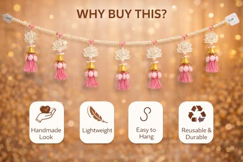 Image of Handcrafted Pearl Lotus Door Toran | 3 Feet Decorative Bandhanwar with Pink Tassels | Traditional Wall Hanging for Main Door, Pooja, Diwali, Wedding & Griha Pravesh