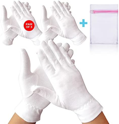 White Premium Cotton Gloves for Sleeping, 3 Pairs White Cotton Gloves Useful for Eczema and Dry Hands, Overnight Moisturizing Gloves for Men and Women, Sleep Gloves That Comes with a Mesh Laundry Bag