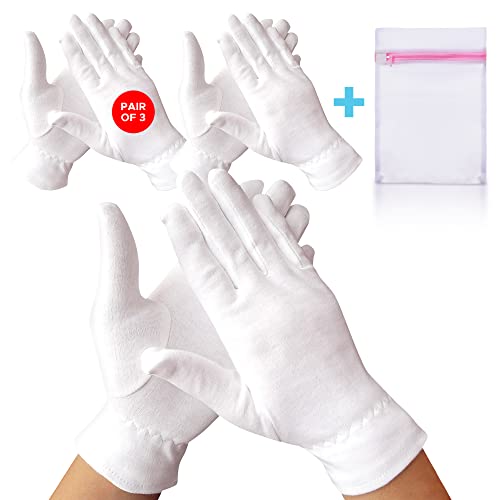 White Premium Cotton Gloves For Sleeping, 3 Pairs White Cotton Gloves Useful For Eczema And Dry Hands, Overnight Moisturizing Gloves For Men And Women, Sleep Gloves That Comes With A Mesh Laundry Bag #TOP24